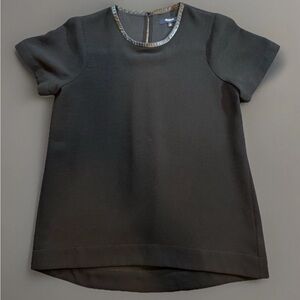 MADEWELL Blouse Womens X-Small Black Ponte Tailor Tee LeatherTrim Pleated Back